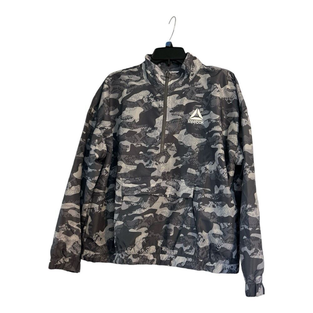Reebok Women’s Large Gray Camo 1/4 Zip Windbreaker Front Pockets Elastic Waist